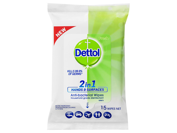 Dettol 2 in 1 Hands and Surfaces Antibacterial Wipes 15 Pack