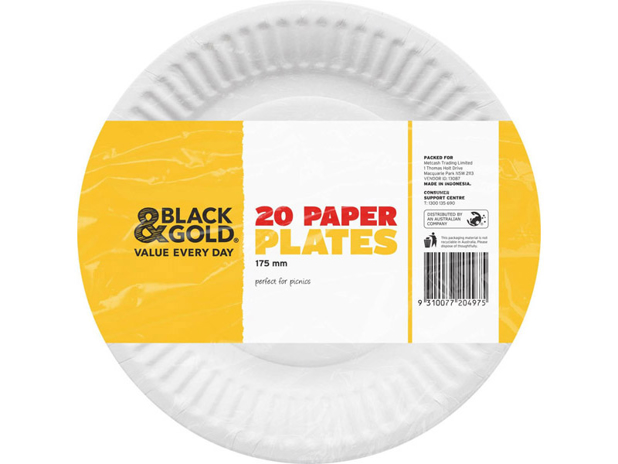 Black & Gold Paper Plates 175mm 20 Pack