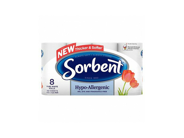 Sorbent 3 Ply Hypo-Allergenic Toilet Tissue Rolls 8 Pack