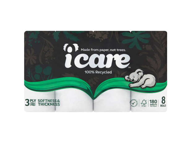 iCare 100% Recycled Toilet Tissue White 3 Ply 8 Pack