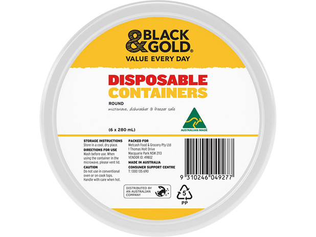 Black & Gold Container Round 280ml 6 Pack
