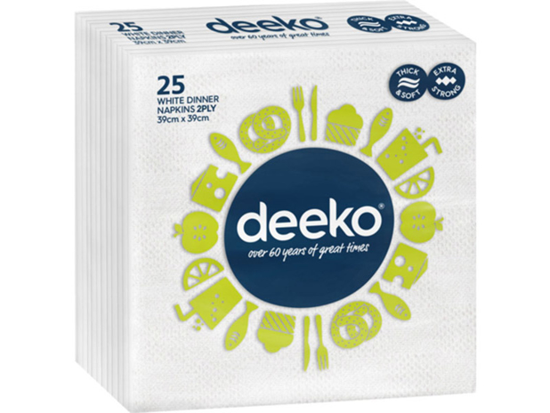 Deeko 2 Ply White Dinner Napkins 25 Pack